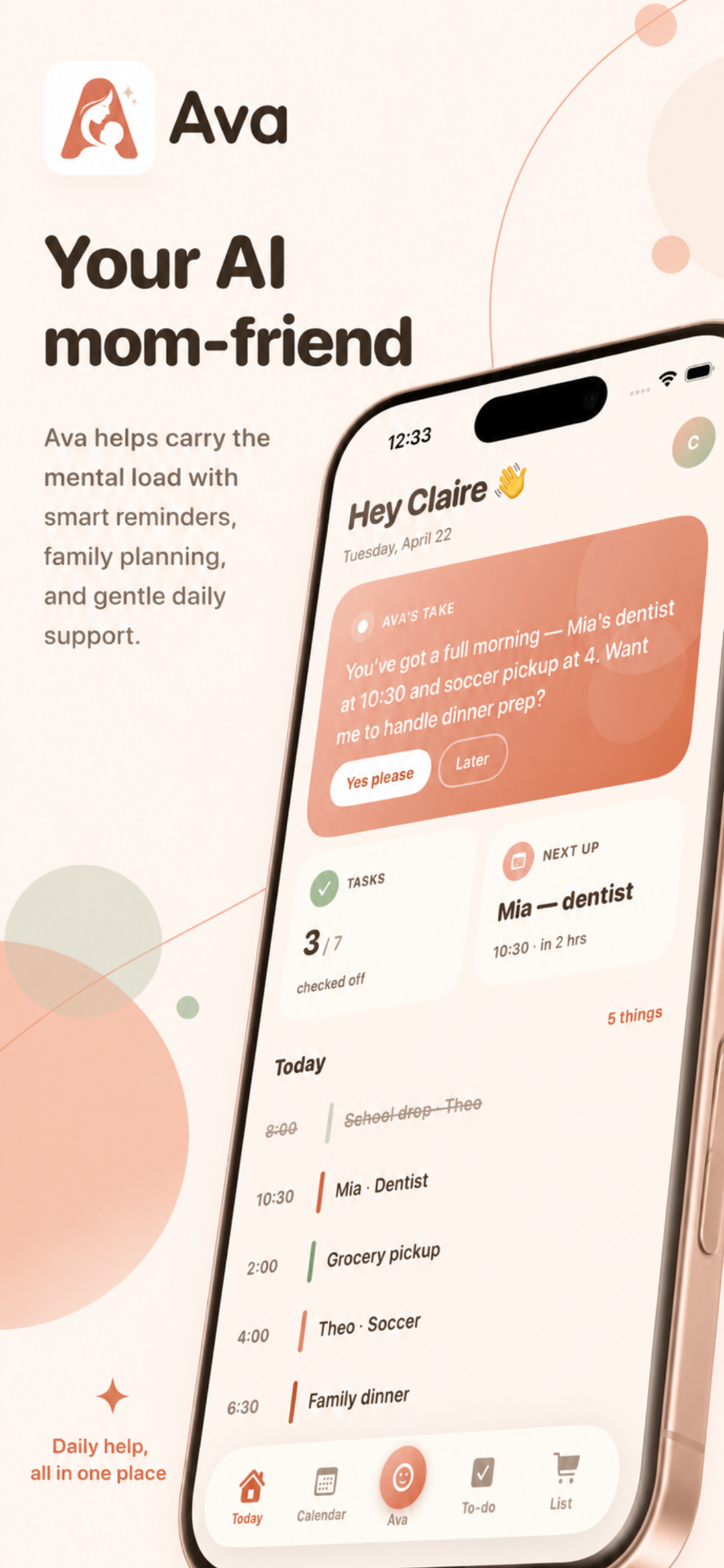 Ava app shown on an iPhone — daily overview with smart reminders